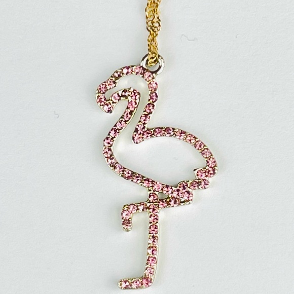 🔴🔴 NEW Pink Flamingo Rhinestone Necklace Chain Necklace Pink - Picture 6 of 13